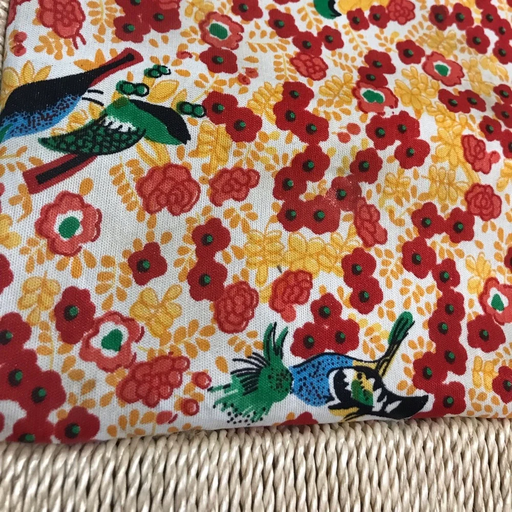 Vintage Birds & Floral Woven Wicker Sewing Basket